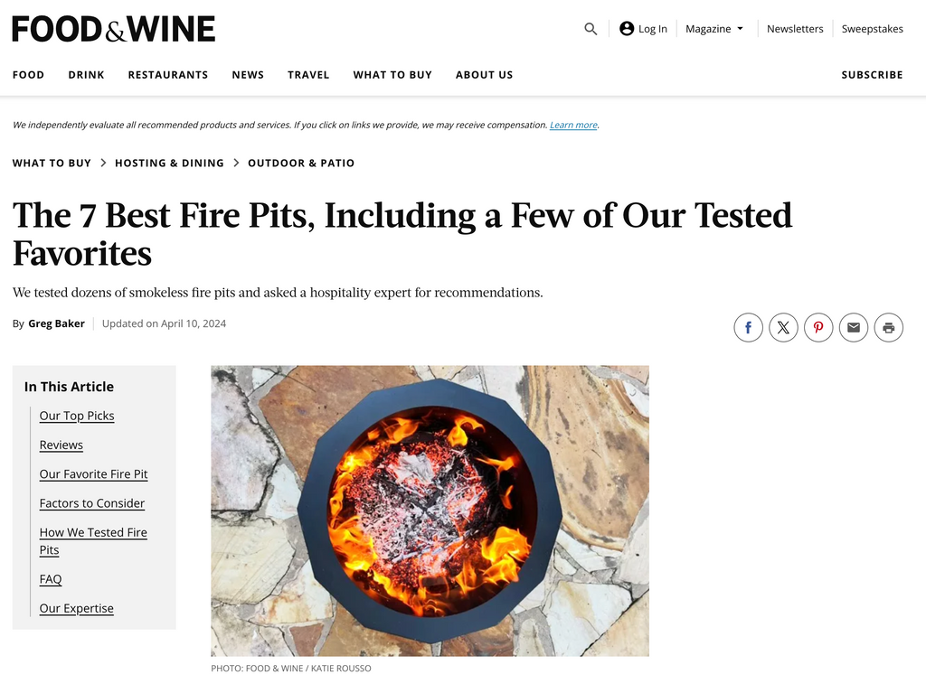 Featured in Food & Wine - 7 Best Fire Pits