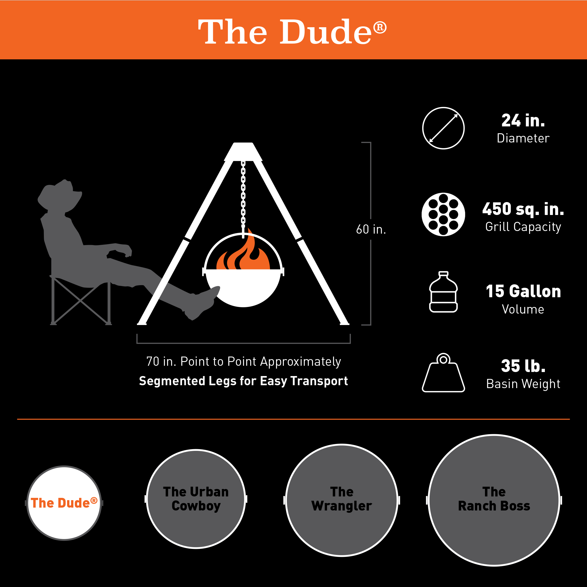 THE DUDE® - 35lbs, 24-Inch Diameter Hanging Fire Pit and Grill